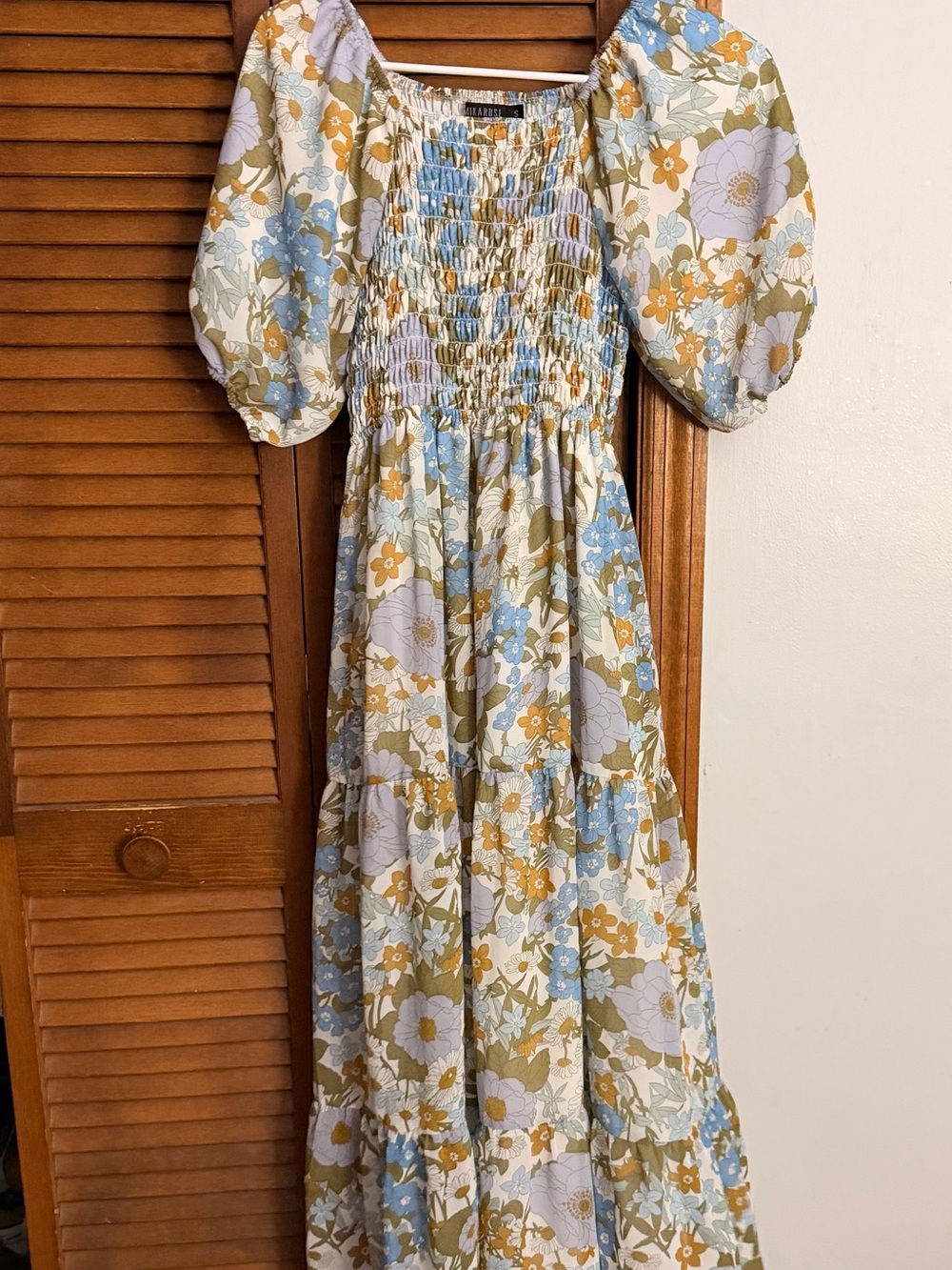 Mikarose Blue, Mustard & Olive Floral Puff-Sleeve Maxi Dress